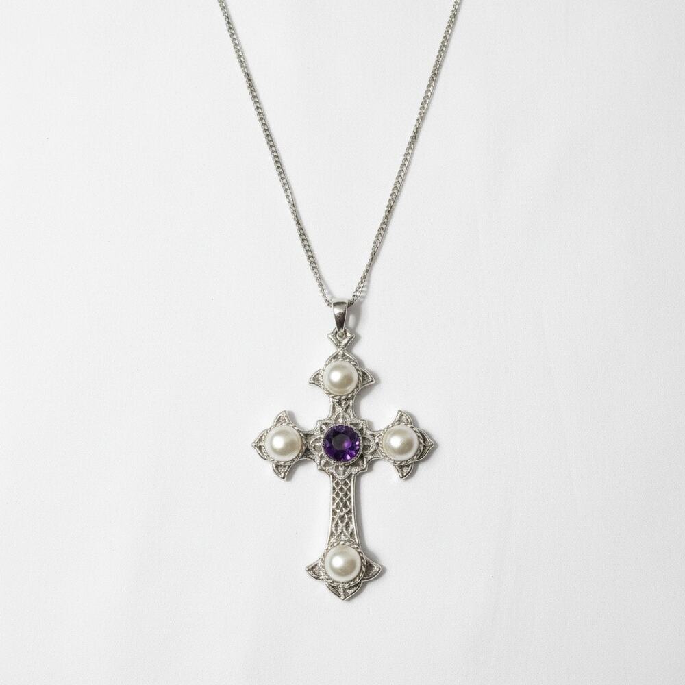 Vintage Sarah Coventry Cross Necklace Faux Pearl Purple Cabochon Silver Tone